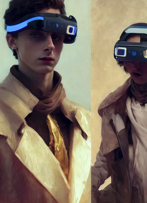 Prompt: timothee chalamet in future fashion futurism as thufir hawat, human computer, VR headset, cyber augmentation implant, digital art from artstation by Ruan Jia and Mandy Jurgens and Artgerm and william-adolphe bouguereau