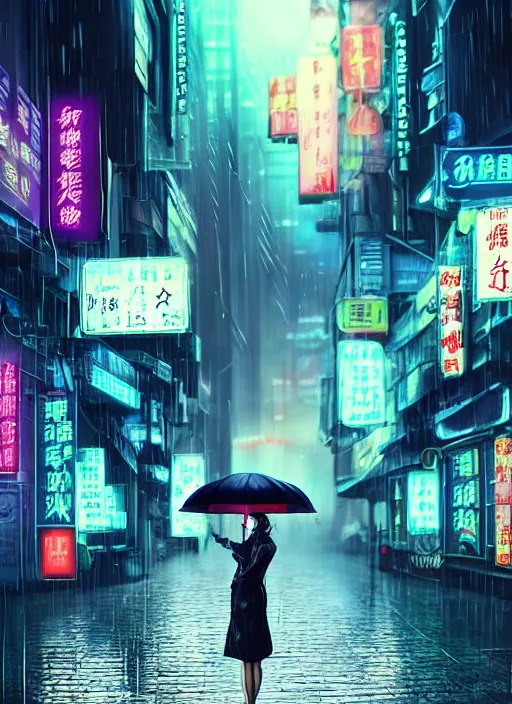 Prompt: a photo lollowing a perfect woman holding an umbrella, futuristic city at nights, rainy day, lots of details, chinese neon shop sign, photorealism, cyberpunk art by fyodor vasilyev, zbrush central contest winner, cubo - futurism, synthwave, darksynth, retrowave, shot with hasselblade camera