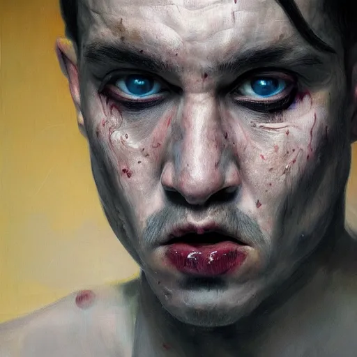 Image similar to high quality high detail painting by juan francisco casas, hd, portrait of a dangerous psychopath, intense demonic look in the eyes, photorealistic lighting