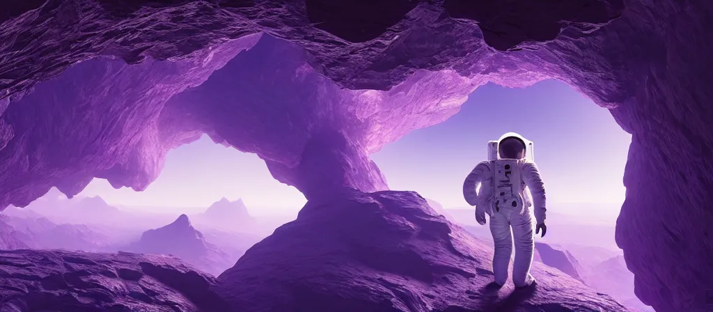 Image similar to one astronaut on purple [ [ [ crystal ] ] ] caves, beautiful dynamic lighting, cinematic, wide angle establishing shot, extremely high detail, photo realistic, cinematic lighting, post processed, concept art, artstation, matte painting, style by frederic church, raphael lacoste, unreal engine 8 k, roger deakins