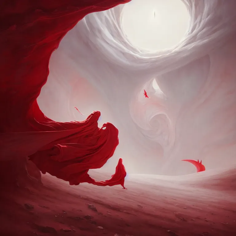 Image similar to one lone singular swirling otherworldly angel shrouded in red robes emerges from extensive barren white dunescape, matte painting by peter mohrbacher and filip hodas, background basilica! sacrecoeur!, godrays, high contrast, highly detailed, a