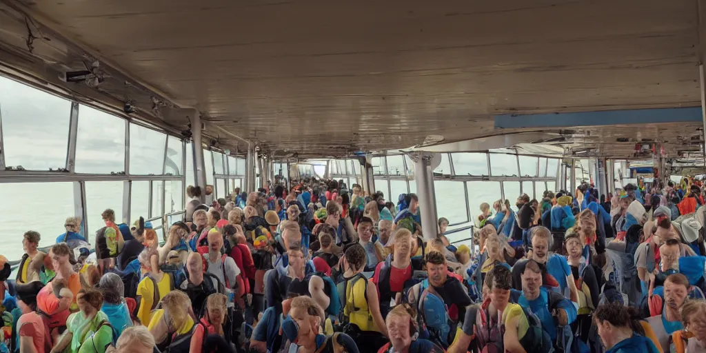 Prompt: interior of Staten Island Ferry, Marathon Runners Passengers, Matte Painting