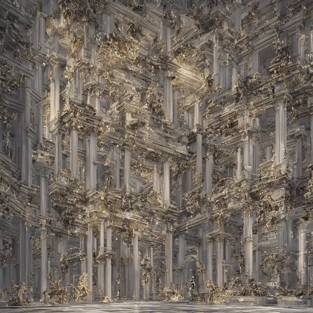 Image similar to “a baroque temple to artificial intelligence built by nano bots in the year 2100, with only one cyborg at the center observing moving particles of data, highly detailed in 4K, hyper realistic”