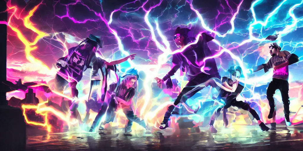 Image similar to Lightning rap battle, silhouettes, digital art, vapor wave, hip hop, graffiti, trending on Artstation, professional artist, detailed, 4k