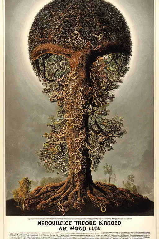 Image similar to vintage magazine advertisement depicting all of the knowledge in the world as a tree, by marius lewandowski, by ernst haeckel