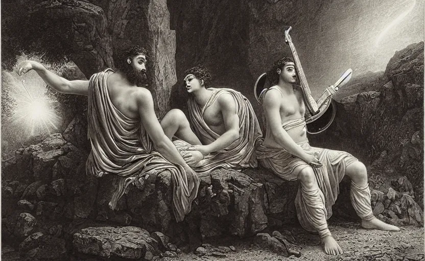 Image similar to the great greek warrior plays the lyre, his young friend listens beside him, the edge of the universe from the book of the long sun by gene wolfe, by gustave dore