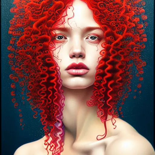 Prompt: beautiful face of a woman with red curly hair half submerged in water and Casey Weldon and Chie Yoshii, rich colors, intricate, elegant, highly detailed, centered, digital painting, artstation, concept art, smooth, sharp focus, illustration, octane render