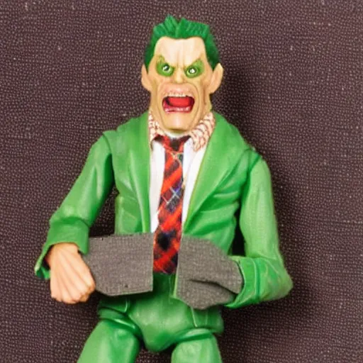 Image similar to plastic wolfman action figure with faded green face dressed in a plaid suit. 1 9 7 9 vintage