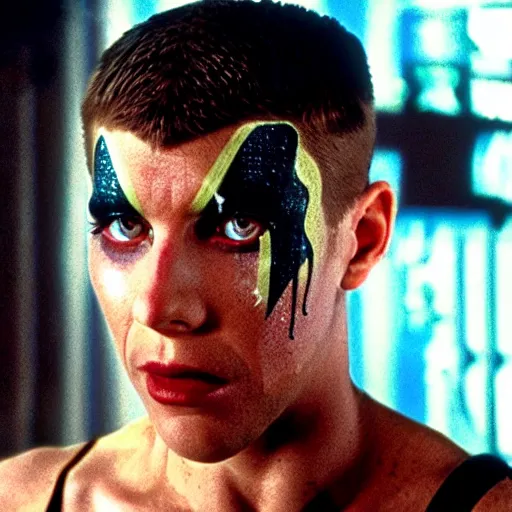 Image similar to cinematic portrait of a runaway cyborg with tribal facepaint in an empty room, still from the movie bladerunner