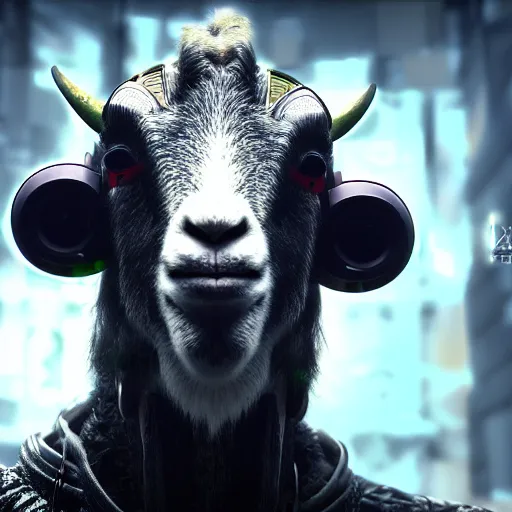 Prompt: close up goat cyberpunk matrix - movie style, futuristic fashion, realistic composition, intricate detail, fantasy setting, render in unreal engine 5, 8 k render, rule of third, light epic scene, cgi