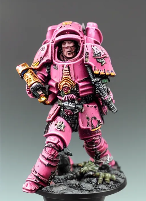 Image similar to 8 0 mm resin detailed miniature of a drunk warhammer 4 0 k space marine with pink dragonscale armor, product introduction photos, 4 k, full body,
