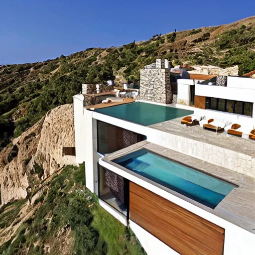 Image similar to contemporary cliffside villa, made of stone and intricate gold details