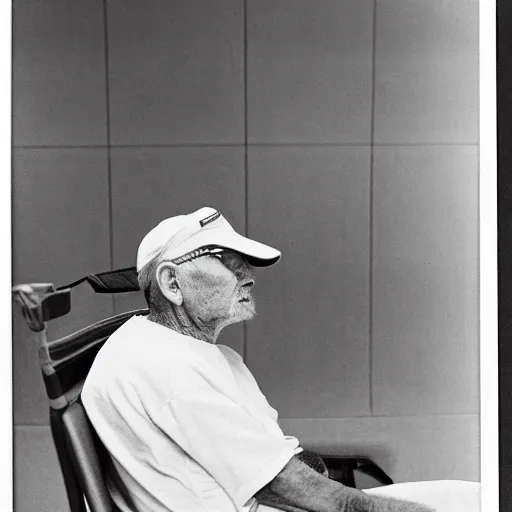 Prompt: An old male patient at the Veterans Affairs Hospital waits for his appointment, he sits in a chair, frustrated, eyes closed, head down, wearing a baseball cap that is tilted down and covering most of his face, photograph