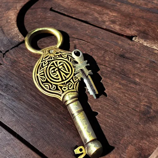 Prompt: a large ornate key with gems and engraved runes, on a wooden dungeon table, d & d, photo