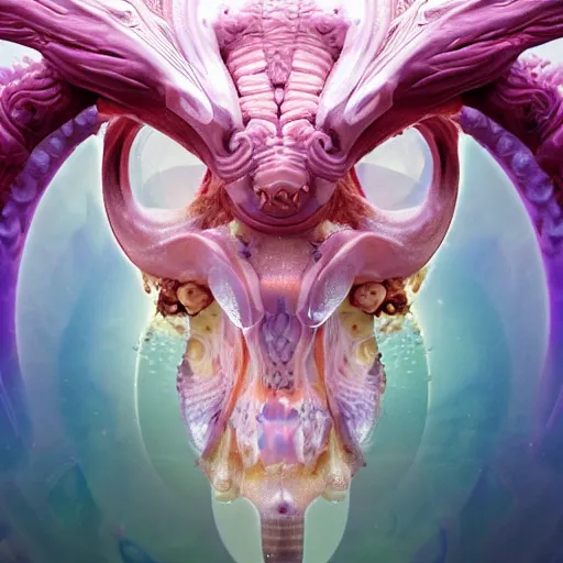 Image similar to goddess princess face close-up portrait ram skull abstract 3d composition. jellyfish phoenix head, nautilus, orchid, skull, betta fish, bioluminiscent creatures, intricate artwork by Tooth Wu and wlop and beeple. octane render, trending on artstation, greg rutkowski very coherent symmetrical artwork. cinematic, hyper realism, high detail, octane render,