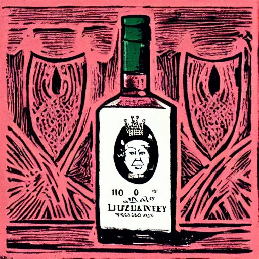 Image similar to queen elizabeth wearing skimask, lino print as whiskey bottle label