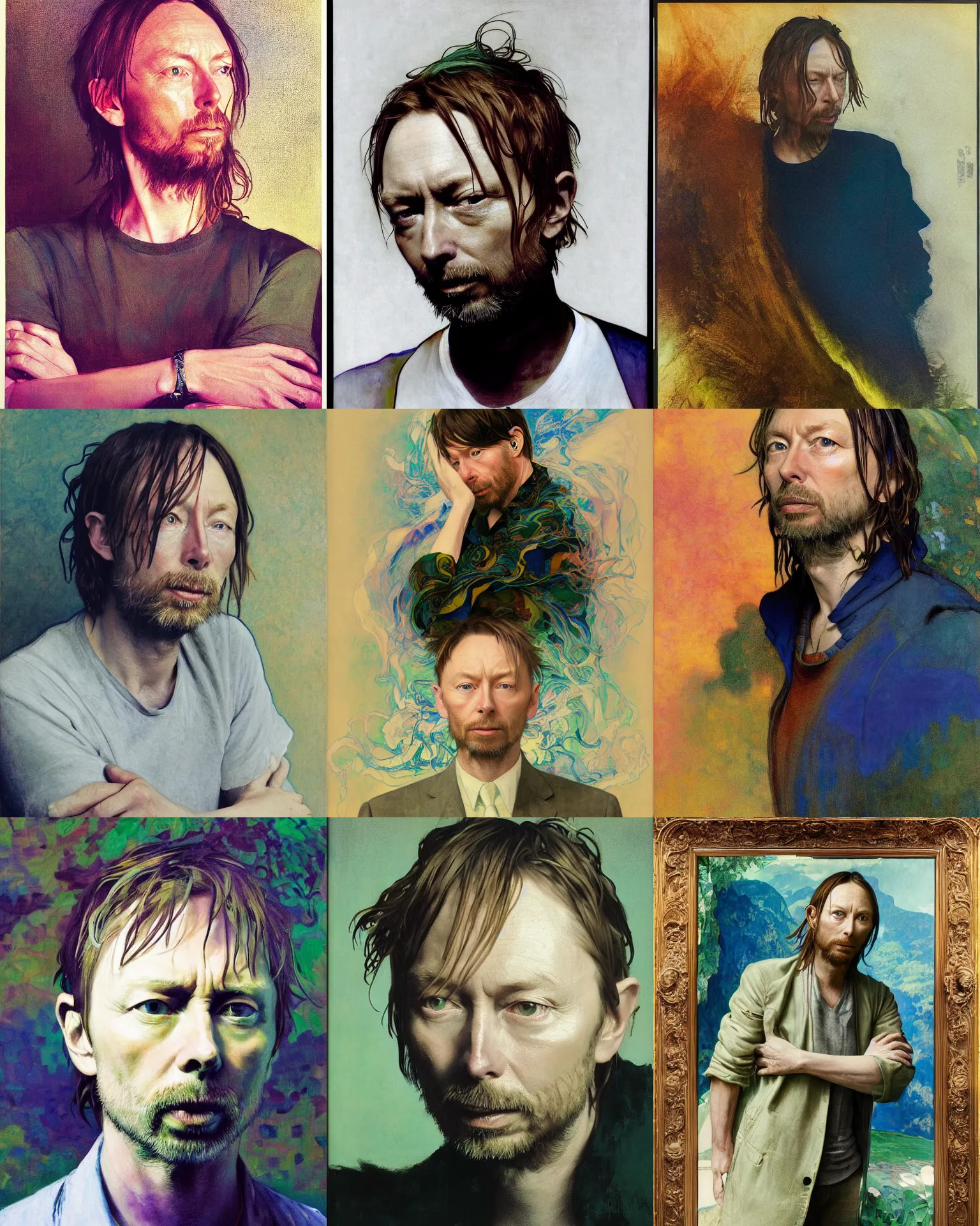 Prompt: thom yorke, portrait painting by richard schmid, maxfield parrish, kehinde wiley, thomas moran, studio ghibli, loish, alphonse mucha, fashion photography