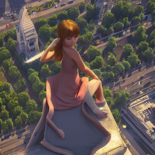 Image similar to A young beautiful giantess wearing a sundress sitting on the Eifel tower, beautiful lighting,digital art , highly detailed , high contrast, beautiful lighting, award winning , trending on art station, 8k, photorealistic,unreal engine 5