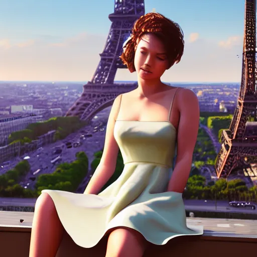 Image similar to A young beautiful giantess wearing a sundress sitting on the Eifel tower,detailed body and face, beautiful lighting,digital art , highly detailed , high contrast, beautiful lighting, award winning , trending on art station, 8k, photorealistic,unreal engine 5