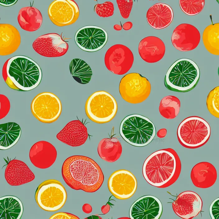 Image similar to vector pattern with fruits, vector illustration, simple colors, minimalism, symmetry, symmetrical, looping, artstation, DeviantArt