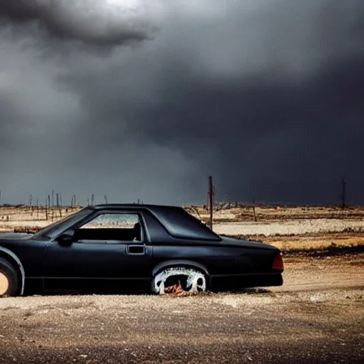 Prompt: a black 1990 Ford thunderbird sc in a post apocalyptic landscape where the clouds are made of skulls