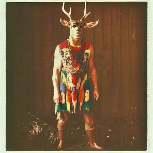 Prompt: over exposed color polaroid photograph of a neolithic european shaman wearing deer clothing