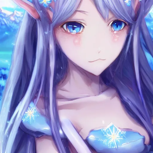 Image similar to a very beautiful anime elf girl, full body, long silver hair with a flower, sky blue eyes, full round face, short smile, revealing clothes, thick thigs, firm chest, ice snowy lake setting, cinematic lightning, medium shot, mid-shot, highly detailed, trending on Artstation, Unreal Engine 4k, cinematic wallpaper by Stanley Artgerm Lau, WLOP, Rossdraws, James Jean, Andrei Riabovitchev, Marc Simonetti, and Sakimichan