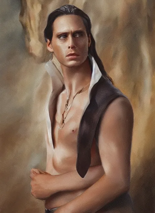 Image similar to Tarzan with long dark brown slicked back hair shoulder length slicked back hair, with pearl necklace and pearl earing, in the museum, in white turtleneck shirt, Tarzan, painting in the museum, highly detailed, sharp focus, digital painting