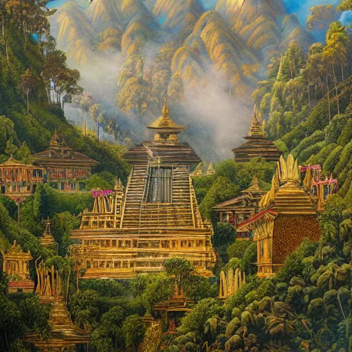 Image similar to a beautiful and highly detailed oil painting of an nepali temple in the kathmandu valley, detailed high buildings and rockets, forgotten valley, swirling mist, lush forests, intricate details, epic scale, insanely complex, 8 k, sharp focus, hyper realism, fantasy landscape, psychedelic, by caspar friedrich,