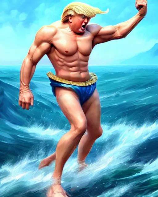 Image similar to character concept art of donald trump as poseidon in a dynamic pose | cute - fine face, pretty face, realistic shaded perfect face, fine details by stanley artgerm lau, wlop, rossdraws, james jean, andrei riabovitchev, marc simonetti, and sakimichan, tranding on artstation