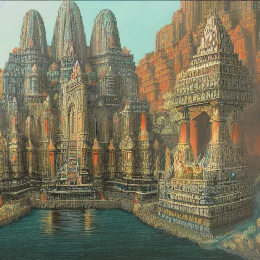 Image similar to hindu influenced architecural painting of a hidden city with a huge statue in the middle, artstation