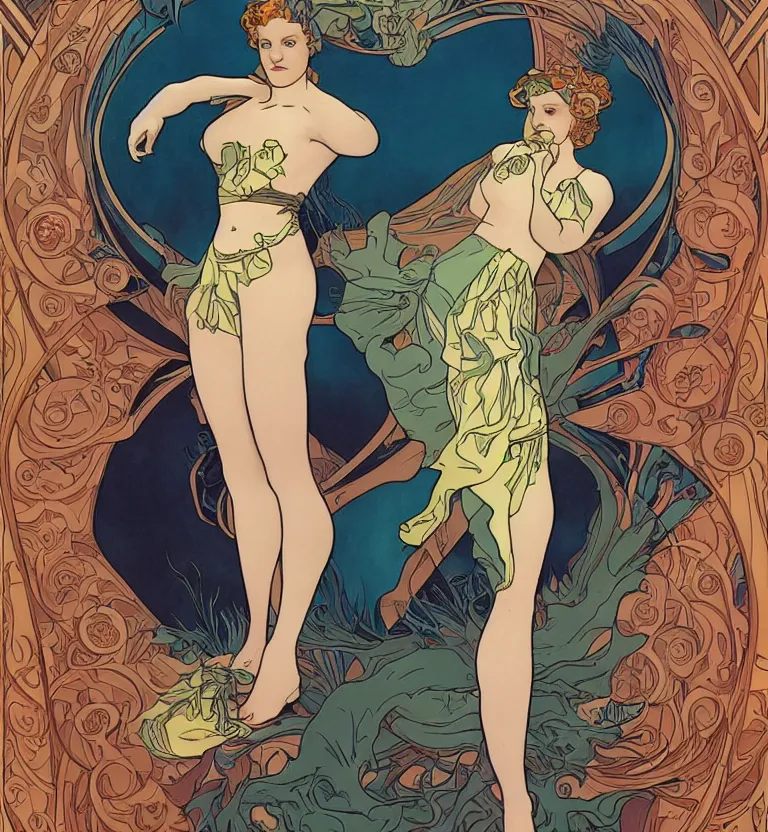 Image similar to Elizabeth Moss by Jamie McKelvie comic art, art nouveau, Peter Mohrbacher, Alphonse Mucha, full body shot