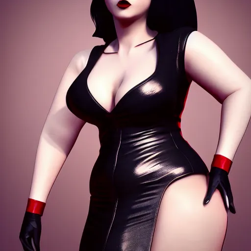 Image similar to curvy feminine hot goth woman with elegant red-black snakeskin leather dress, cgsociety, photorealistic, sublime ambience, idealistic, 16k, smooth, sharp focus, trending on ArtStation, volumetric lighting, fully clothed, worksafe