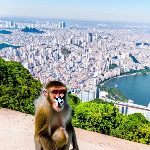 Image similar to high quality portrait of a monkey in front of Christ The Redeemer, studio photograph, photograph, realistic photo, 8k photo, 4k photo, stock photo, high resolution, cinematic shot, high detail