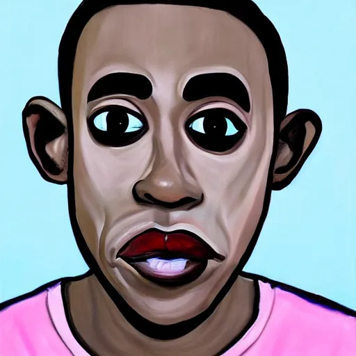 Prompt: a painting of tyler, the creator as igor by george condo, realistic shading, pink background