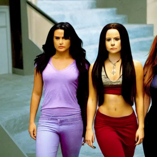 Image similar to Demi Lovato as Piper Halliwell and Selena Gomez as Phoebe Halliwell and Ariana Grande as Prue Halliwell in a Charmed movie directed by Christopher Nolan, movie still frame, promotional image, imax 35 mm footage