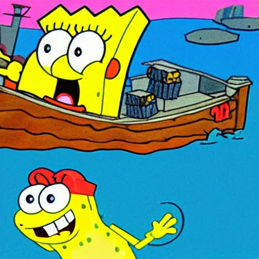 Image similar to sponge bob driving a ship