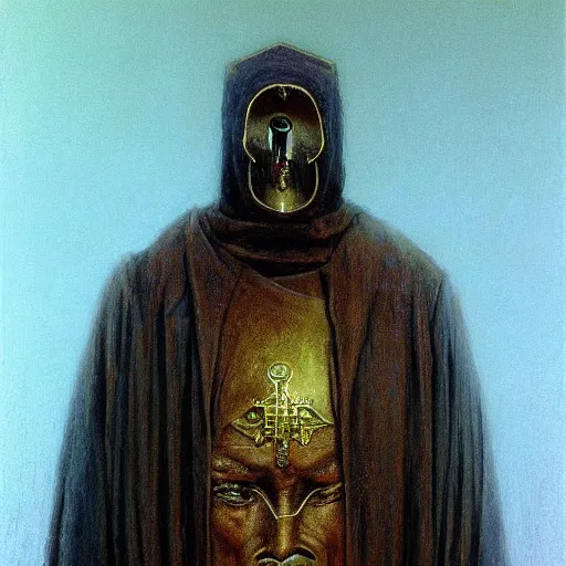 Prompt: Portrait of a priest with a golden mask with the face of Nicolas Cage dark fantasy, intricate, smooth, artstation, painted by Wayne Barlowe, zdislav beksinski