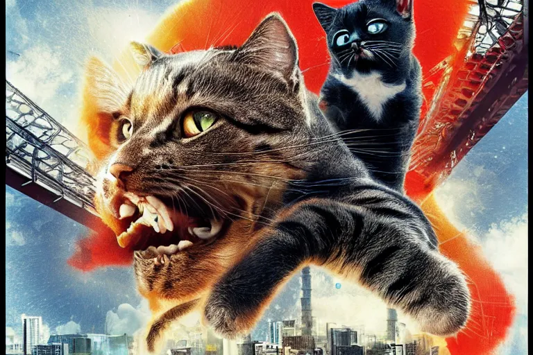 Image similar to cat attacking Tokyo, disaster movie poster, masterpiece, masterwork, cgstudio