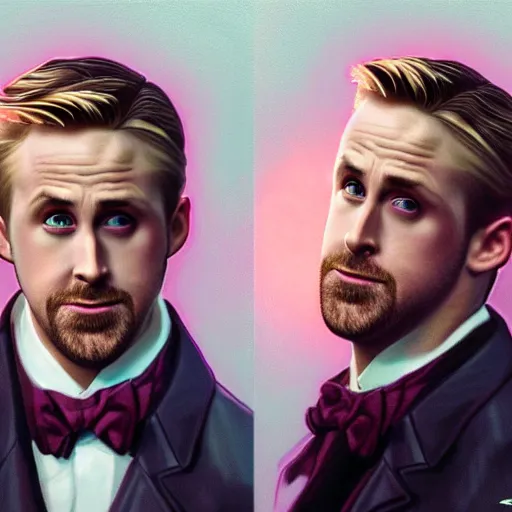Image similar to ryan gosling doing gay gestures, surprised, mouth open, pink lighting ultra realistic photorealistic highly detailed high quality, a stunningly, digital painting, artstation, concept art, smooth, sharp focus, illustration, art by artgerm and greg rutkowski and alphonse mucha 8 k