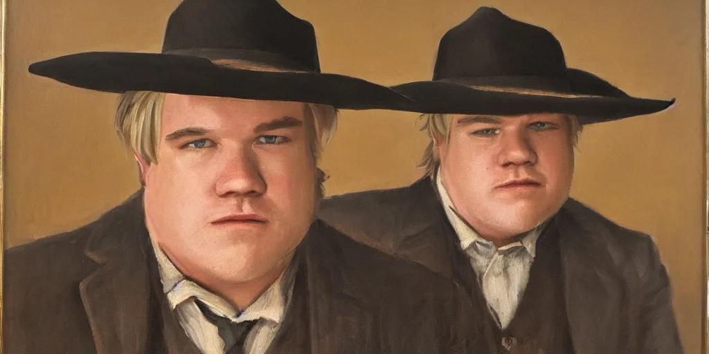 Image similar to oil painting portrait of Phillip Seymour Hoffman as an old west banker in a busy old west town