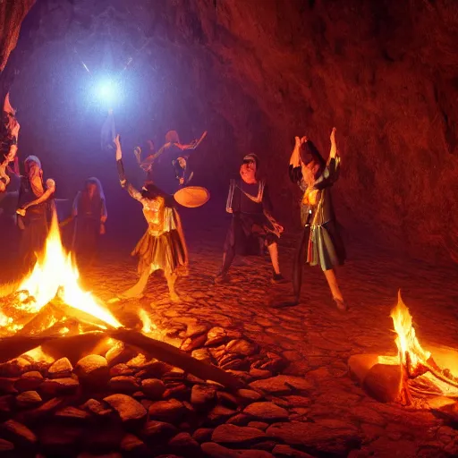 Prompt: medieval villagers dances around a campfire in a cave, colorful crystals everywhere, 4k, 8k, unreal engine, by greg rutkowski, hyper realistic, octane render