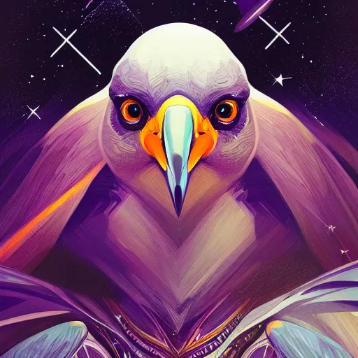 Image similar to close up Portrait of a Pigeon in space, dark fantasy, intricate pigeon, elegant pigeon, highly detailed, digital painting, artstation, concept art, smooth, sharp focus, illustration, art by Sam Youn and Fernanda Suarez and Artem Demura and Alphonse Mucha
