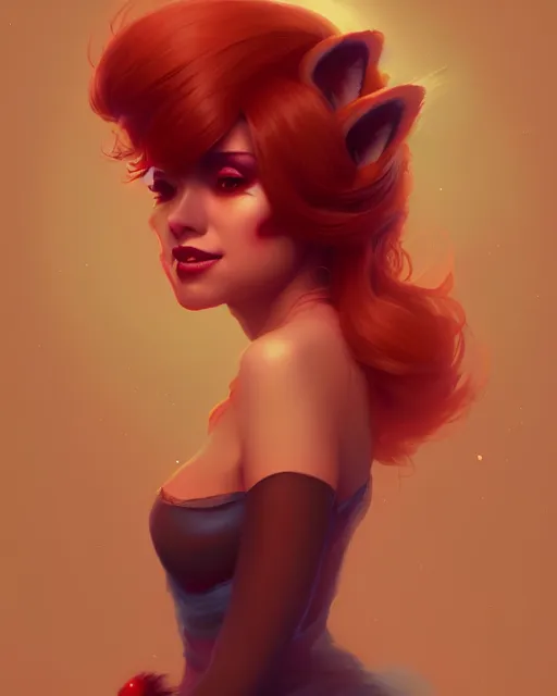 Image similar to a beautiful whimsical woman with ( red panda ) features, in professional makeup, fantasy, acidwave, dramatic lighting, digital art by lois van baarle, greg rutkowski, ( ilya kuvshinov ), highly detailed, muted colors, artstation