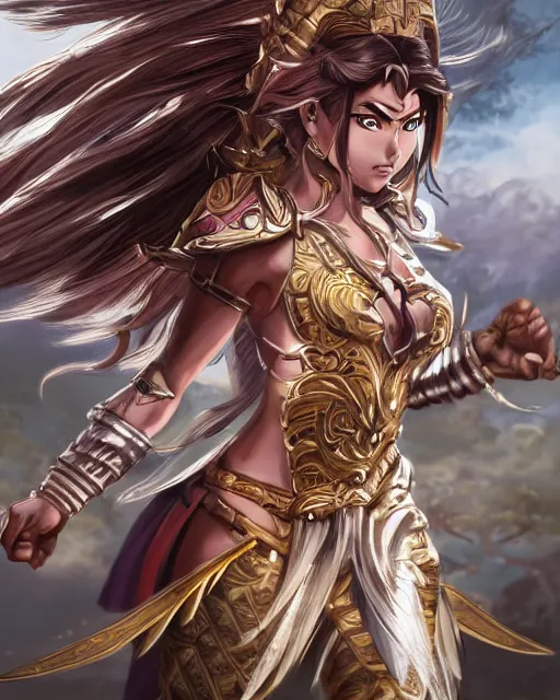 Image similar to A beautiful female warrior running, D&D, beautiful face, highly detailed face, fantasy art, female art, in the style of masami kurumada, illustration, epic, fantasy, intricate, hyper detailed, artstation, concept art, smooth, sharp focus, ray tracing