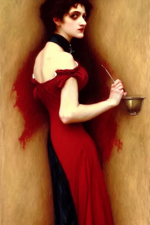 Prompt: victorian vampire in red dress, painting by rossetti bouguereau, detailed art, artstation