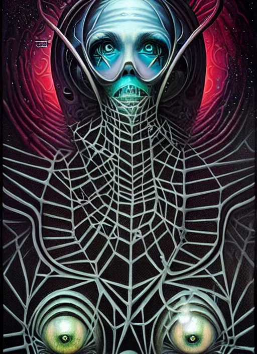 Image similar to cosmic lovecraft giger fractal spider portrait, pixar style, by tristan eaton stanley artgerm and tom bagshaw.