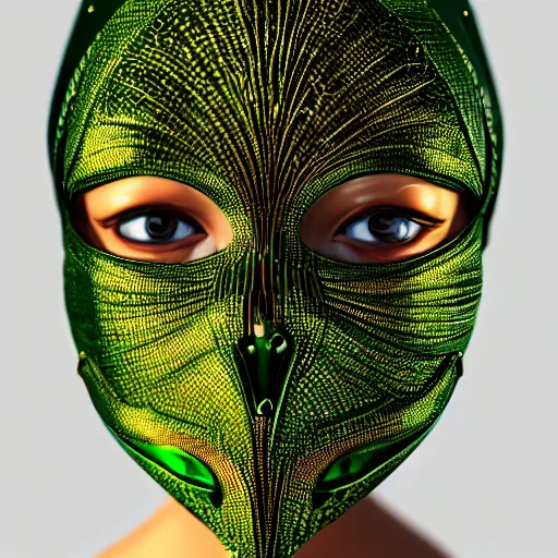 Prompt: a portrait of a woman with bright green eyes, wearing a mask over her mouth made out of golden intricate wire, futuristic, speculative fashion, highly detailed 8k photography, cinematic lighting, trending on artstation H 768