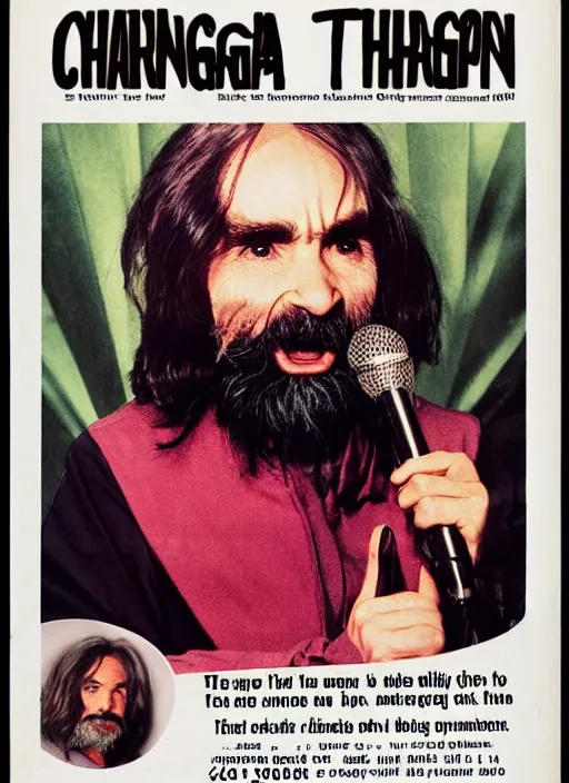 Image similar to vintage magazine advertisement depicting charles manson hosting the muppet show, cinestill grainy film, by alex grey