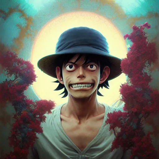 Prompt: highly detailed vfx portrait of monkey d. luffy, stephen bliss, greg rutkowski, loish, rhads, beeple, makoto shinkai, tom bagshaw, alphonse mucha, global illumination, sharp focus, art by artgerm and greg rutkowski, stanley kubrick, best of behance, cinematic lighting, frowning,